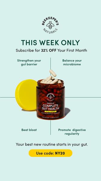 A vertical-format ad for a probiotic gut health supplement that uses a clean layout to clearly display four core benefits and a time-sensitive discount code.